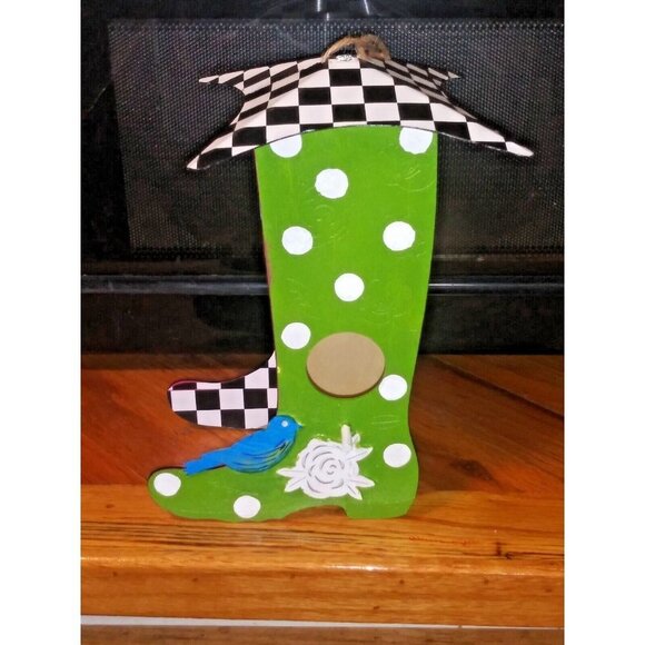WHIMSICAL Bird House SHOE-Shaped CHECKERED polka dots NEW VIBRANT hand-painted - Picture 5 of 7